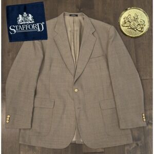 Stafford Mens Tan Beige Wool Blend Gold Button Blazer Sport Coat Jacket Size 48L